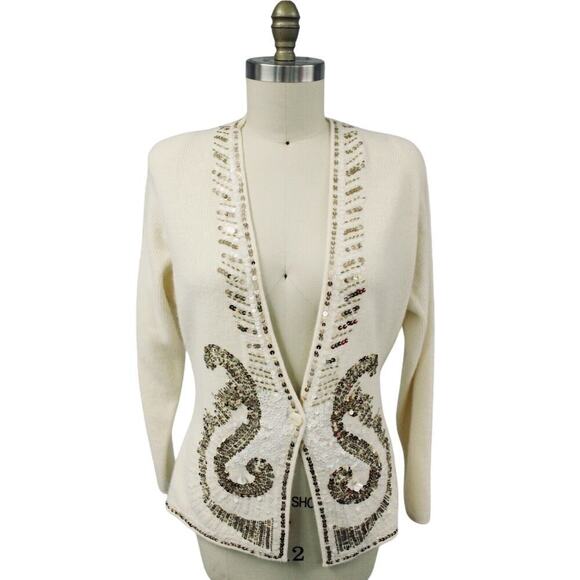 VTG 80s 90s Marisa Christina Cardigan Sweater Beaded Sequins Cream L/XL Angora
